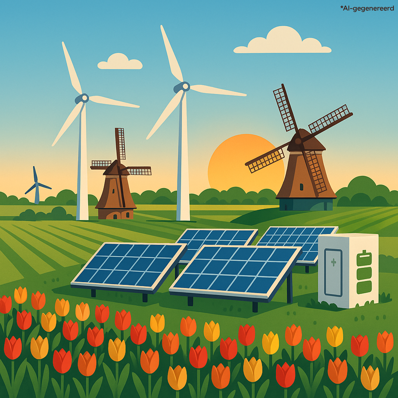 AI-gegenereerde illustratie van een Nederlands decentraal energiesysteem
